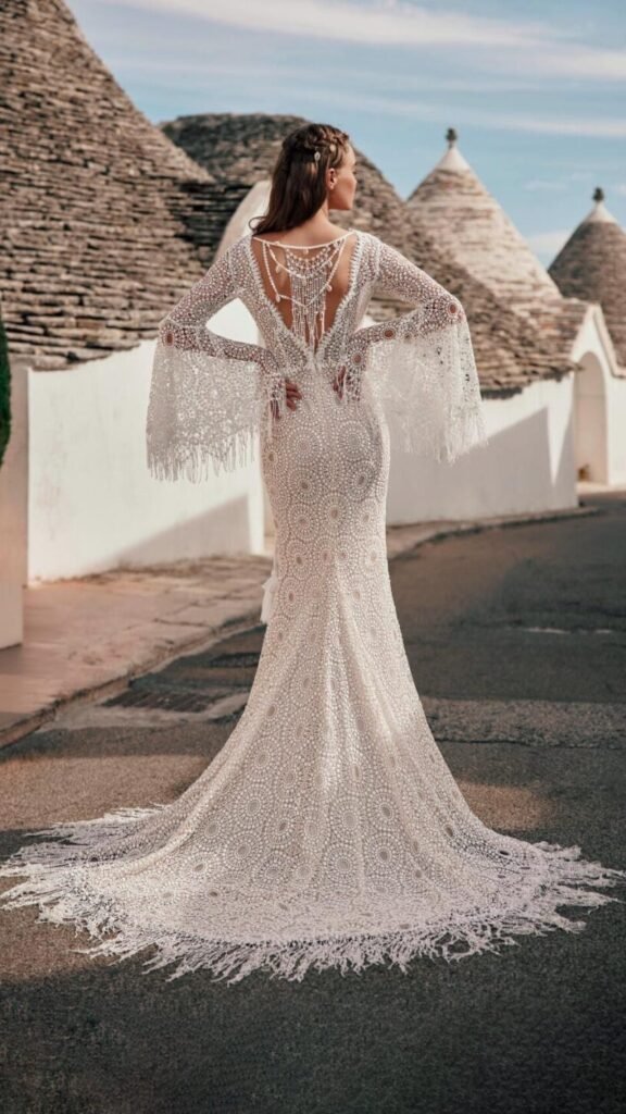 Boho Lace Wedding Dress with Bell Sleeves  -  front view