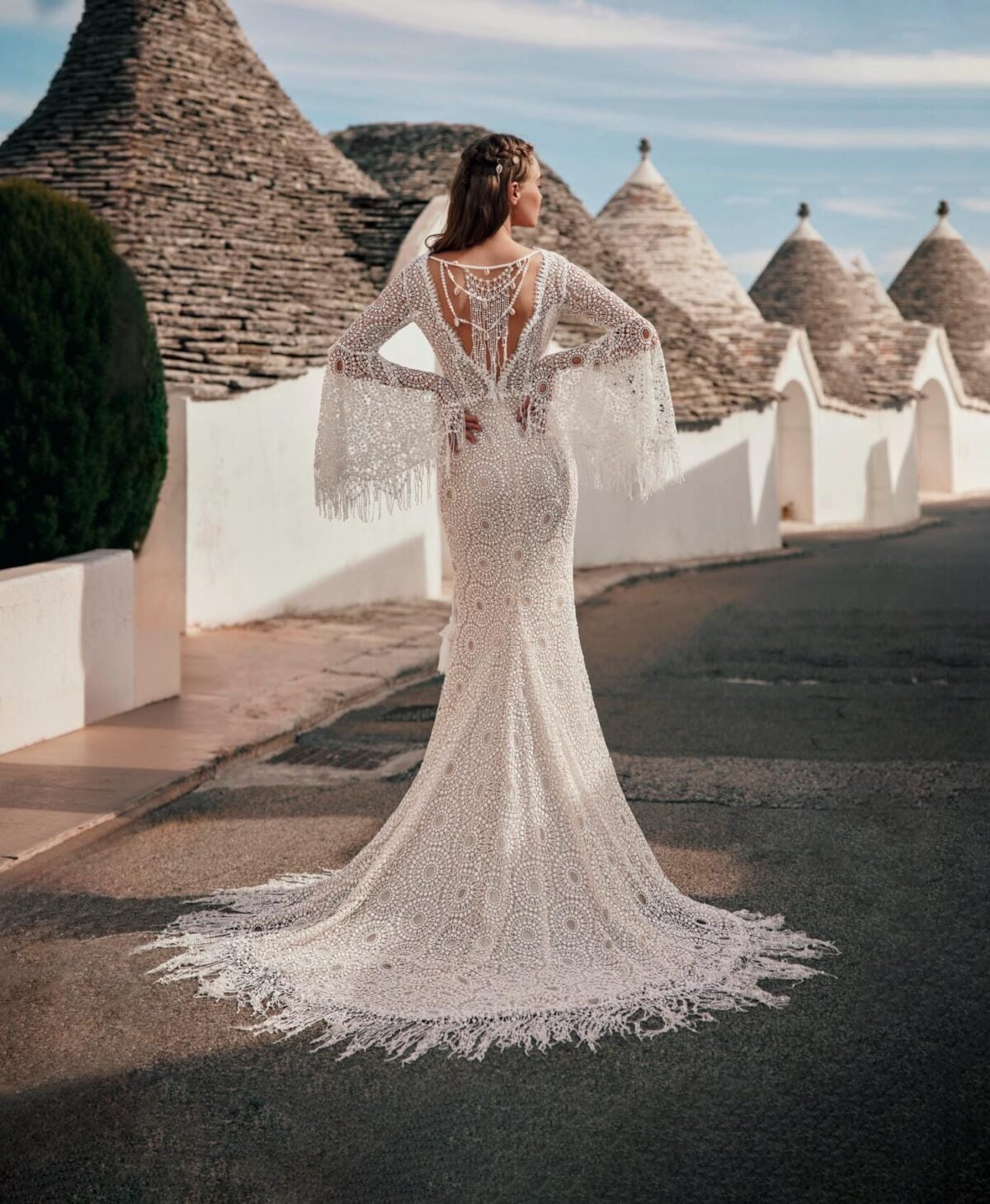 Boho Lace Wedding Dress with Bell Sleeves - front view