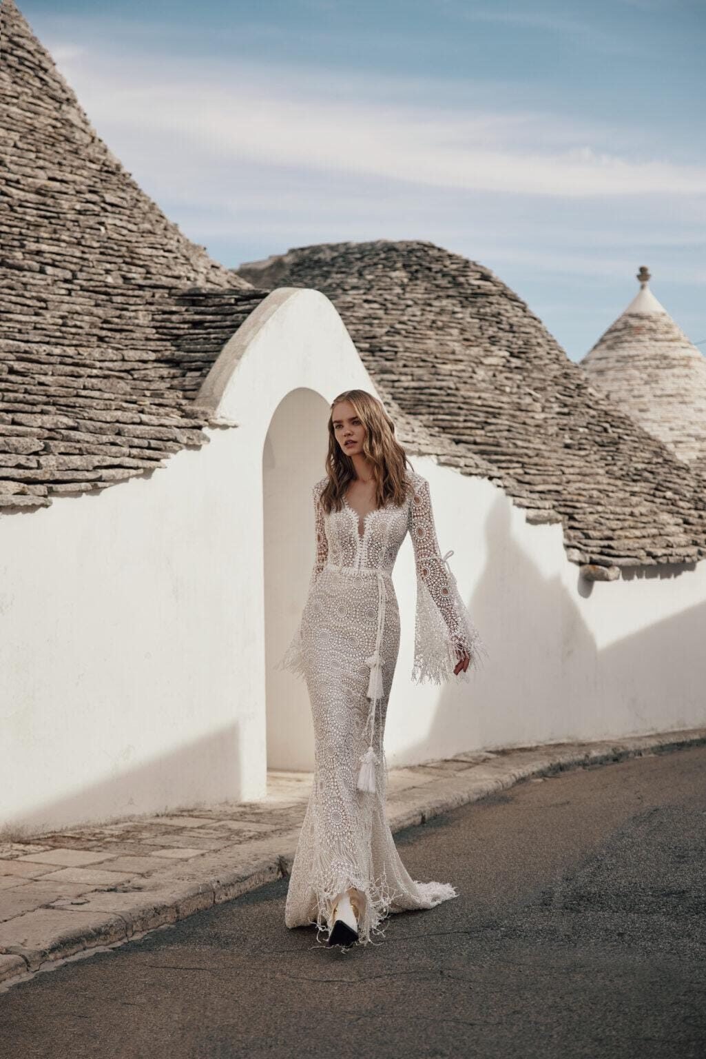 Boho Lace Wedding Dress with Bell Sleeves - bridal view 3