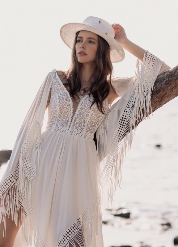 Boho Lace Chiffon Beach Wedding Dress  -  front view