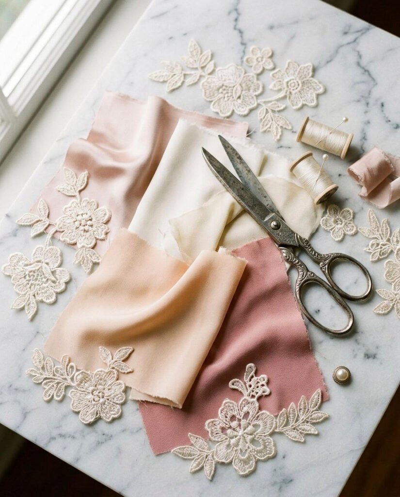 Lace appliques, pastel fabrics, thread and tailoring scissors