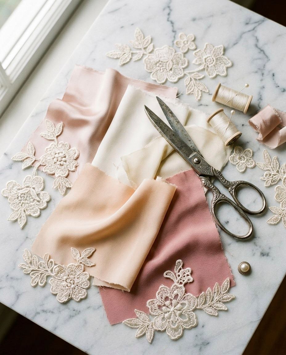Lace appliques, pastel fabrics, thread and tailoring scissors