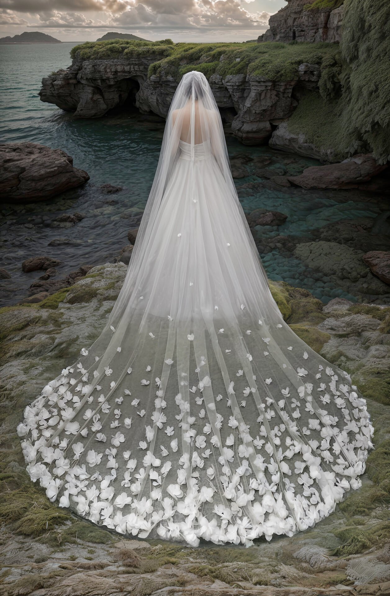 Bride wearing cathedral veil with white 3D flowers by the sea