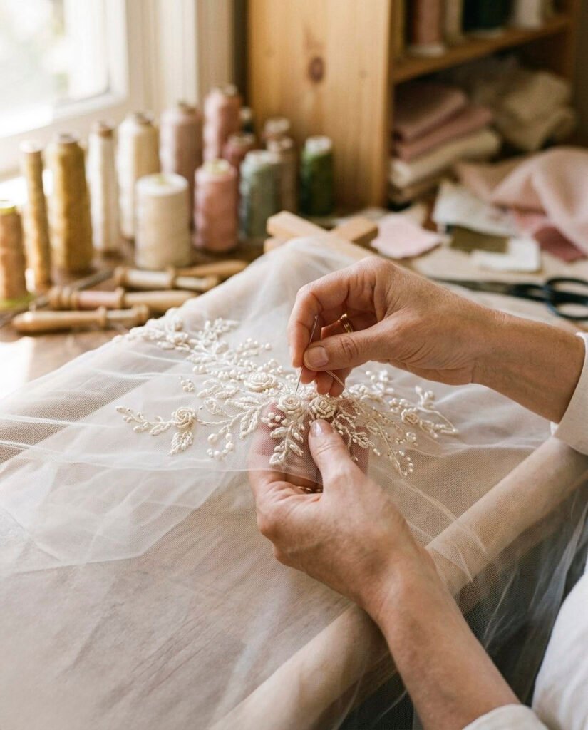 Hands sewing pearl and floral applique onto bridal tulle