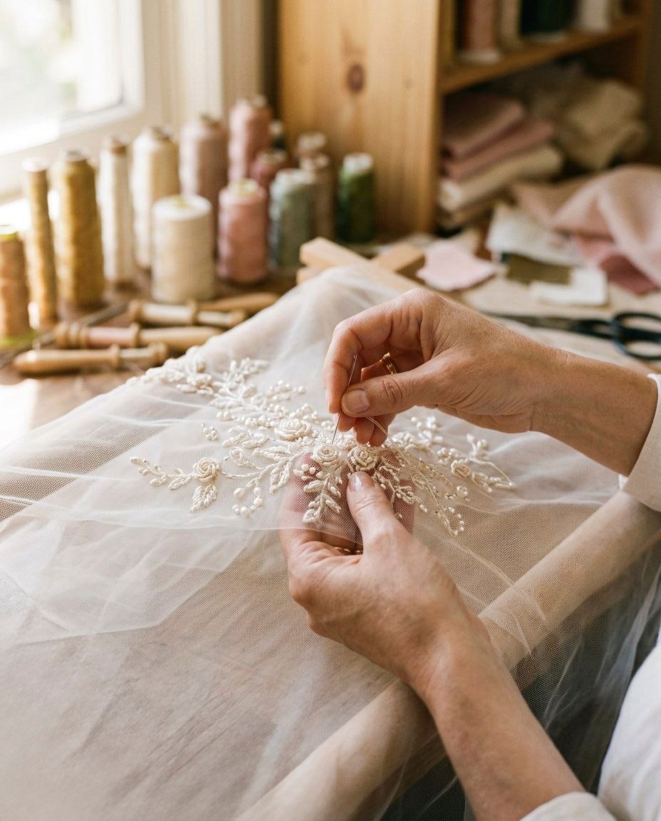 Hands sewing pearl and floral applique onto bridal tulle
