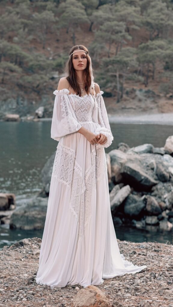 Ivory Chiffon and Lace Boho Wedding Dress  -  front view