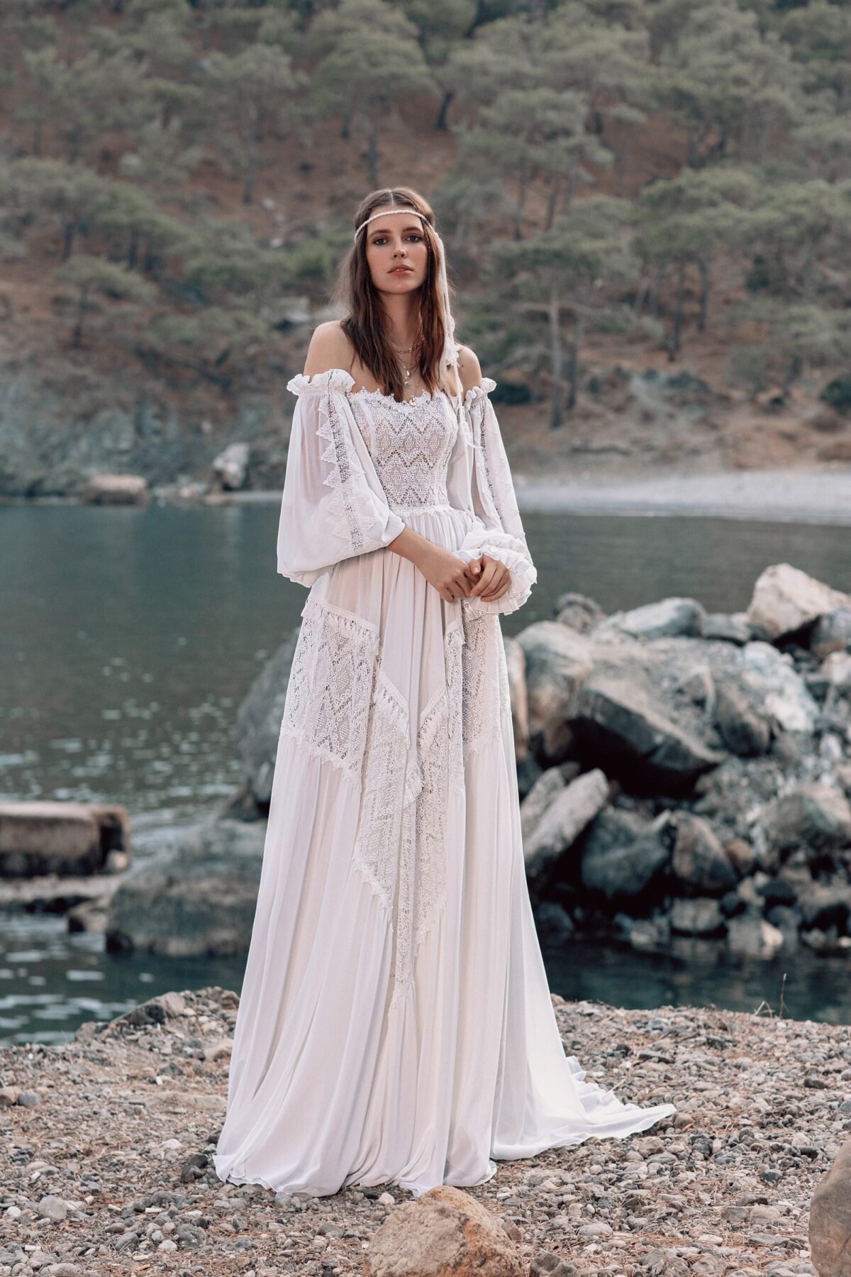 Ivory Chiffon and Lace Boho Wedding Dress - front view