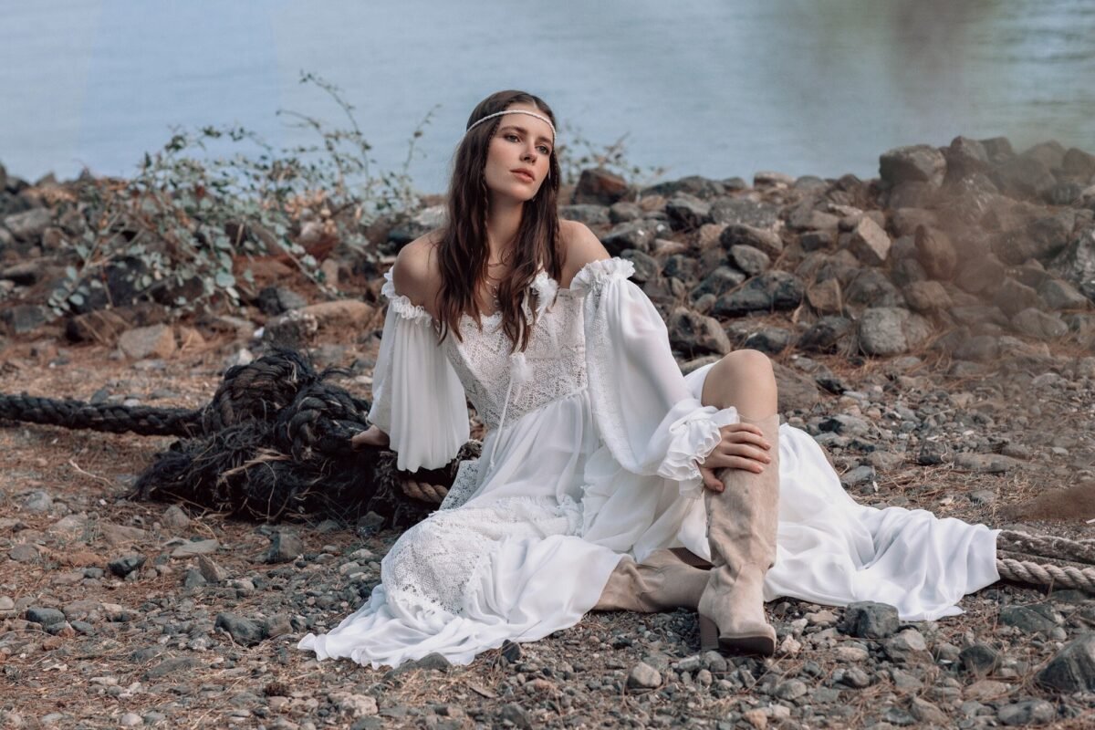 Ivory Chiffon and Lace Boho Wedding Dress - bridal view 2