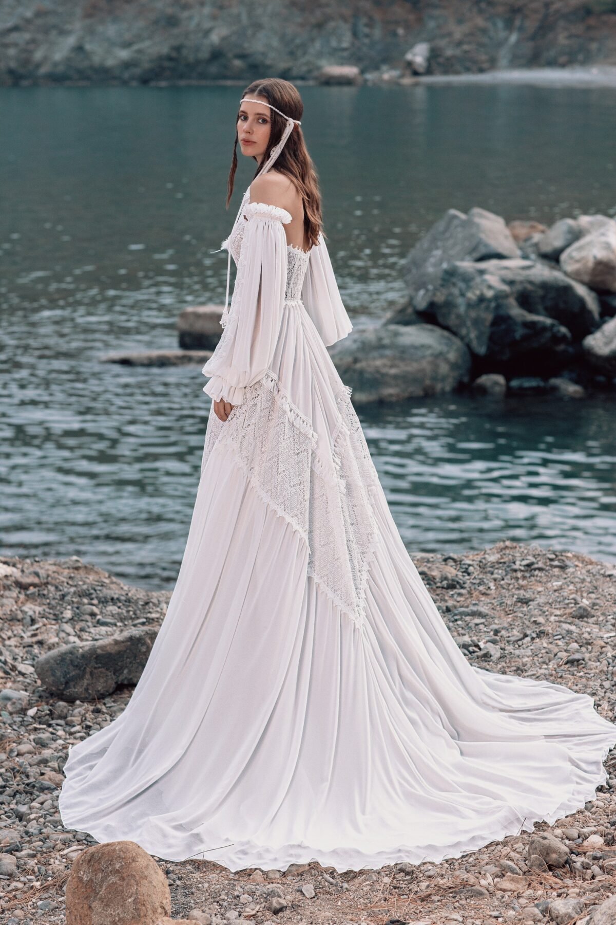 Ivory Chiffon and Lace Boho Wedding Dress - bridal view 3