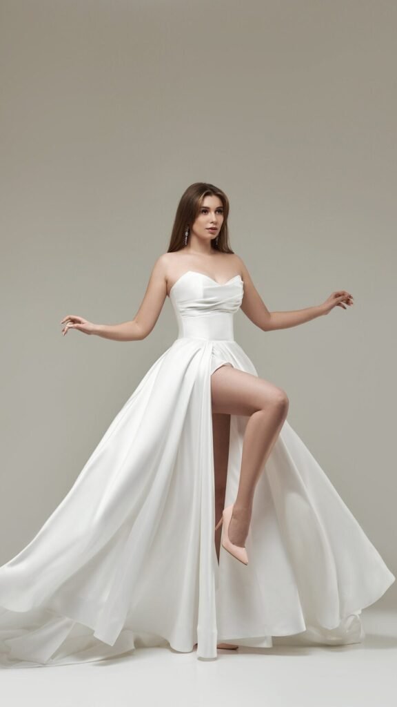 Ivory Mikado Open Back Wedding Dress  -  front view