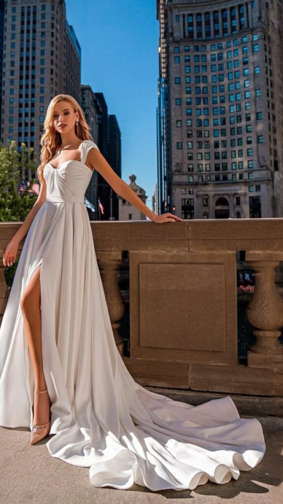 Ivory Wedding Dress with Train and Slit - front view