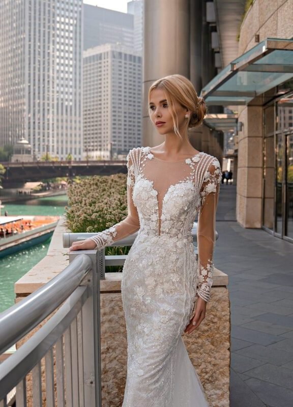 Mermaid 3D Floral Lace Wedding Dress with Detachable Skirt - front view