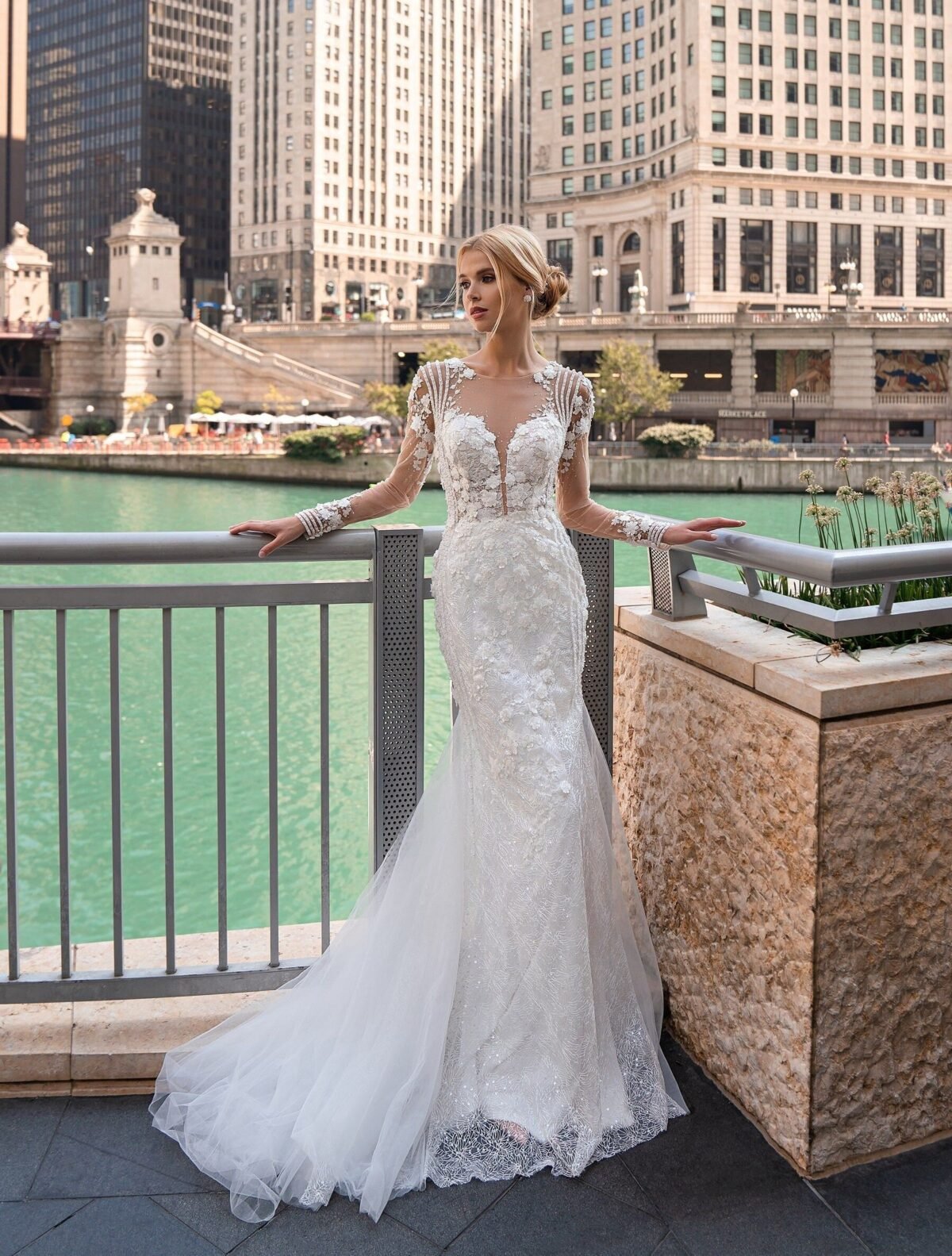 Mermaid 3D Floral Lace Wedding Dress with Detachable Skirt - bridal view 2
