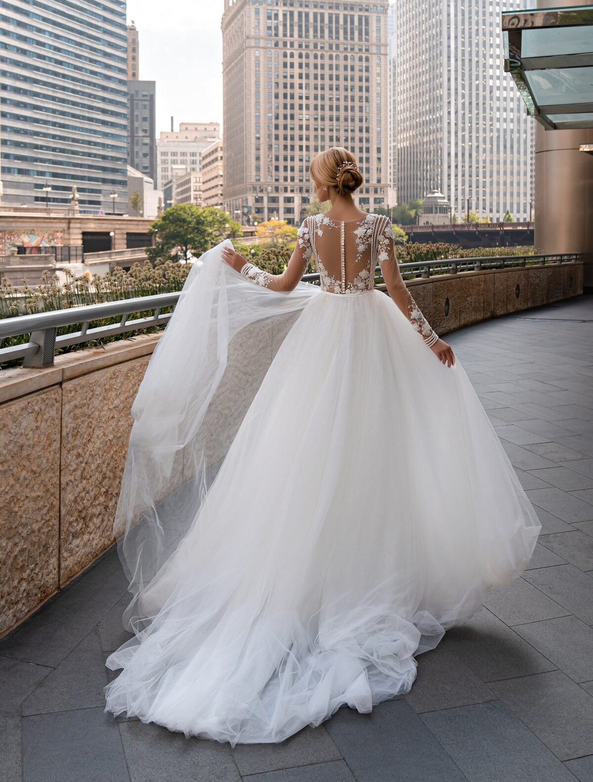 Mermaid 3D Floral Lace Wedding Dress with Detachable Skirt - bridal view 3