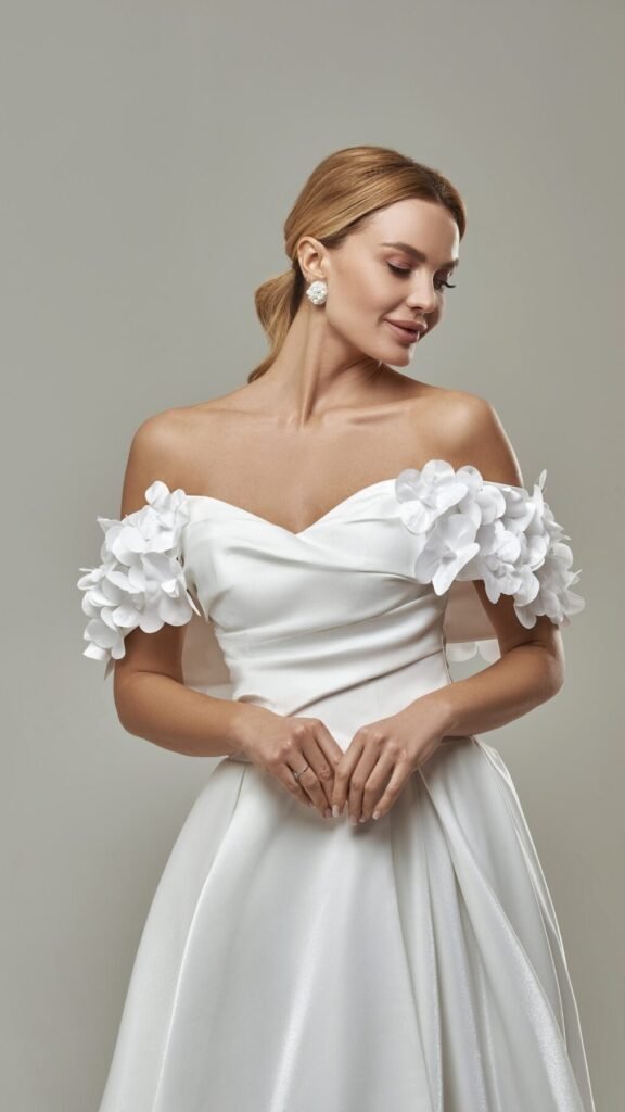 Off-the-Shoulder Organza Corset Wedding Dress - front view