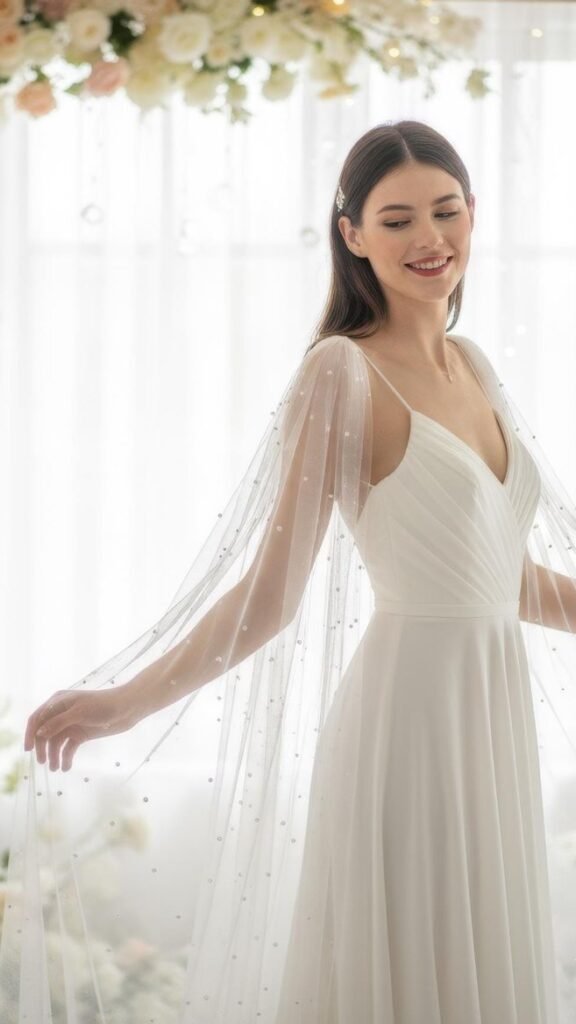 Pearl angel wing bridal veil cape flowing from the bride’s shoulders