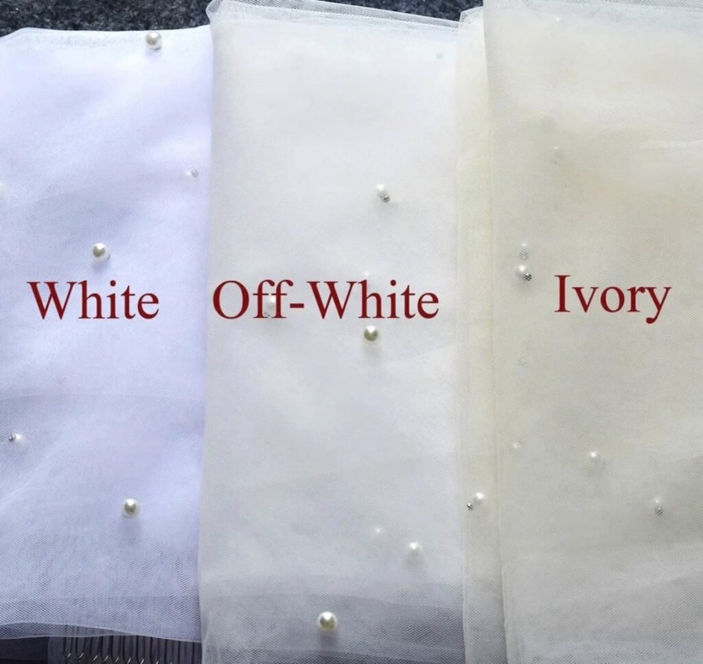 Pearl veil colour guide comparing white, off-white and ivory tulle