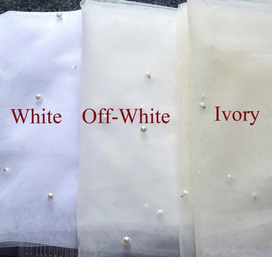 Pearl veil colour guide comparing white, off-white and ivory tulle