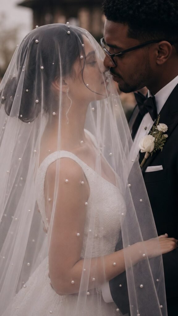 Bride wearing the pearl veil blusher over her face during the wedding ceremony