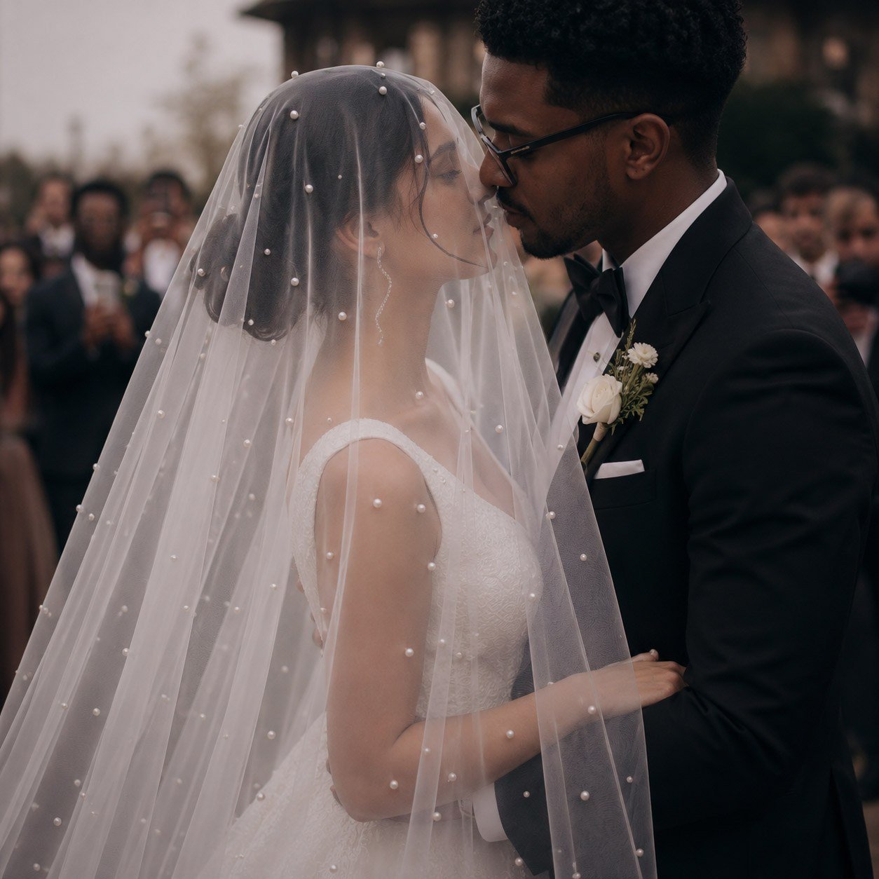 Bride wearing the pearl veil blusher over her face during the wedding ceremony