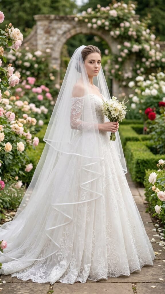 Bride wearing a two-tier cathedral wedding veil with blusher and satin ribbon trim