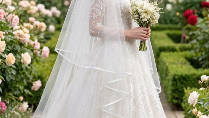 Bride wearing a two-tier cathedral wedding veil with blusher and satin ribbon trim