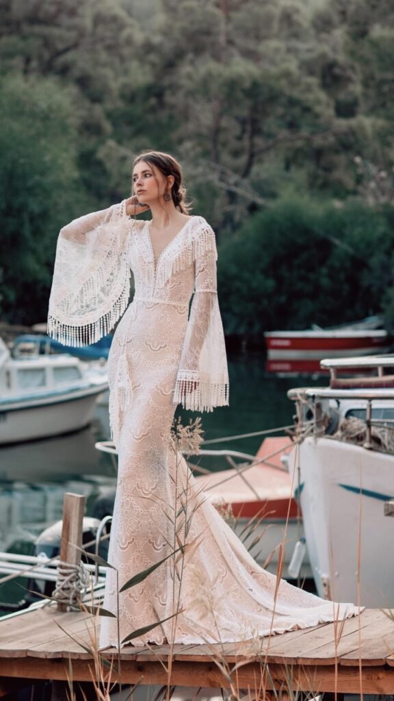 Vintage Ivory Lace Wedding Dress with Fringe Sleeves - front view