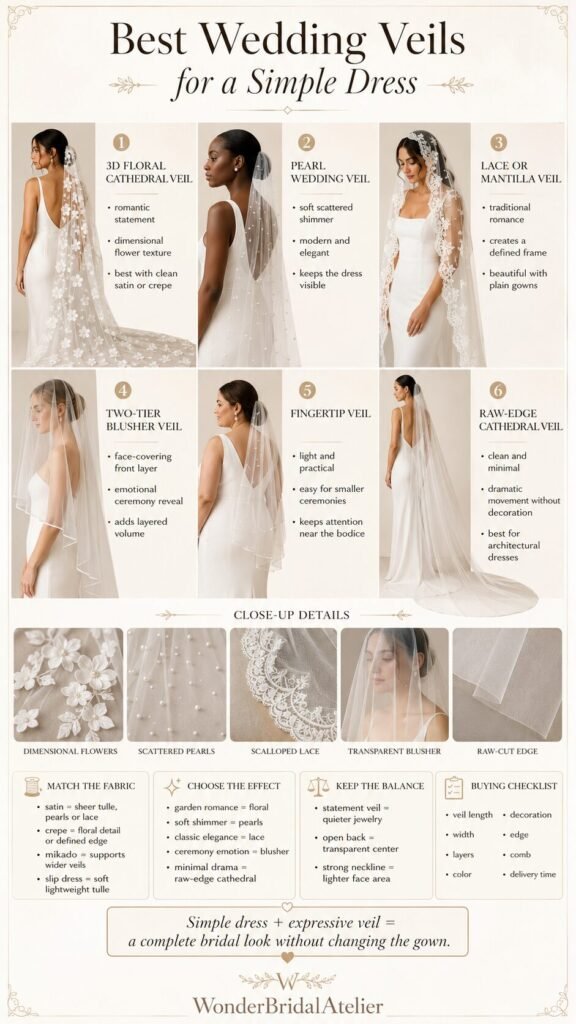 Wedding veil guide comparing floral pearl lace blusher fingertip and cathedral veils for a simple dress