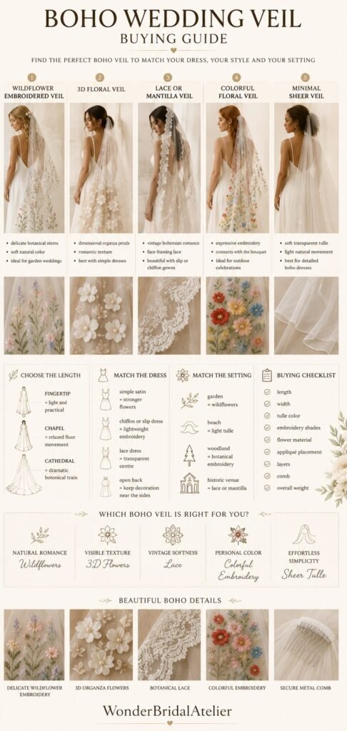 Boho wedding veil guide comparing wildflower floral lace colorful and minimalist veil styles