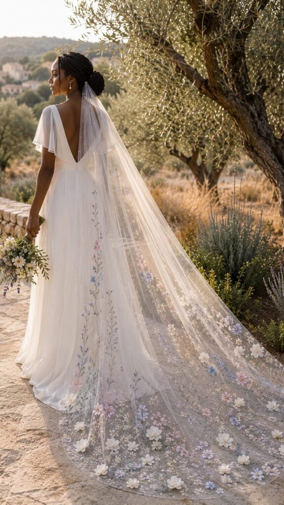 Bride wearing a colorful wildflower boho wedding veil in a Mediterranean olive grove