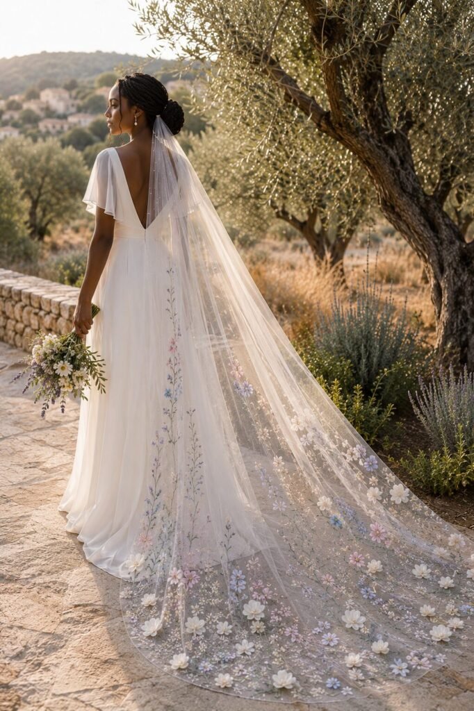 Bride wearing a colorful wildflower boho wedding veil in a Mediterranean olive grove
