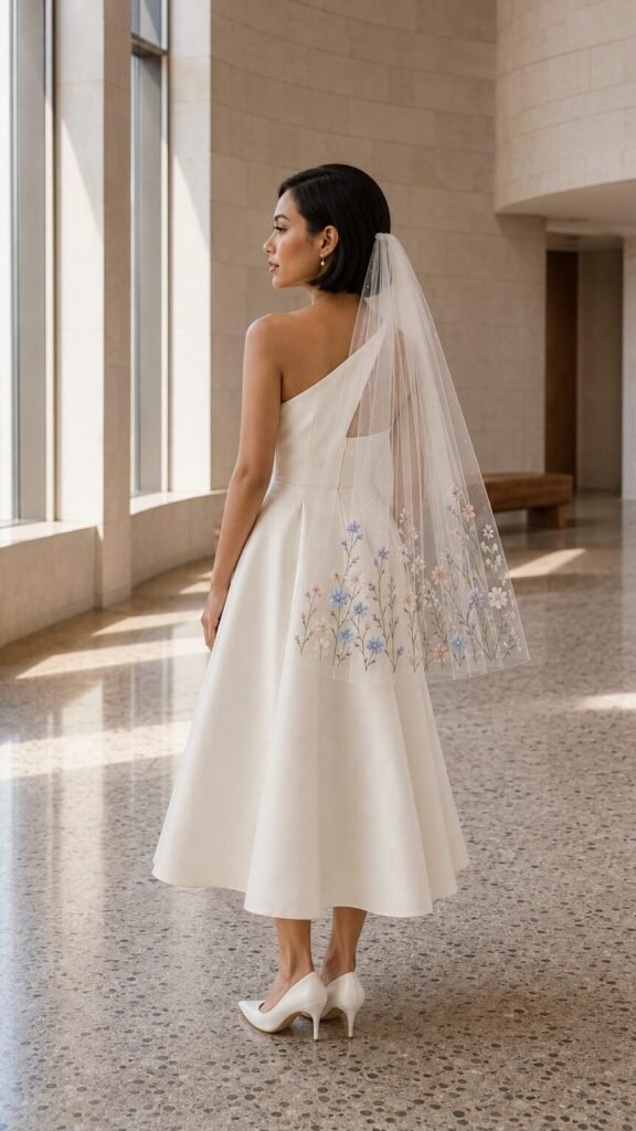 Bride wearing an embroidered fingertip wedding veil with a modern ivory wedding dress