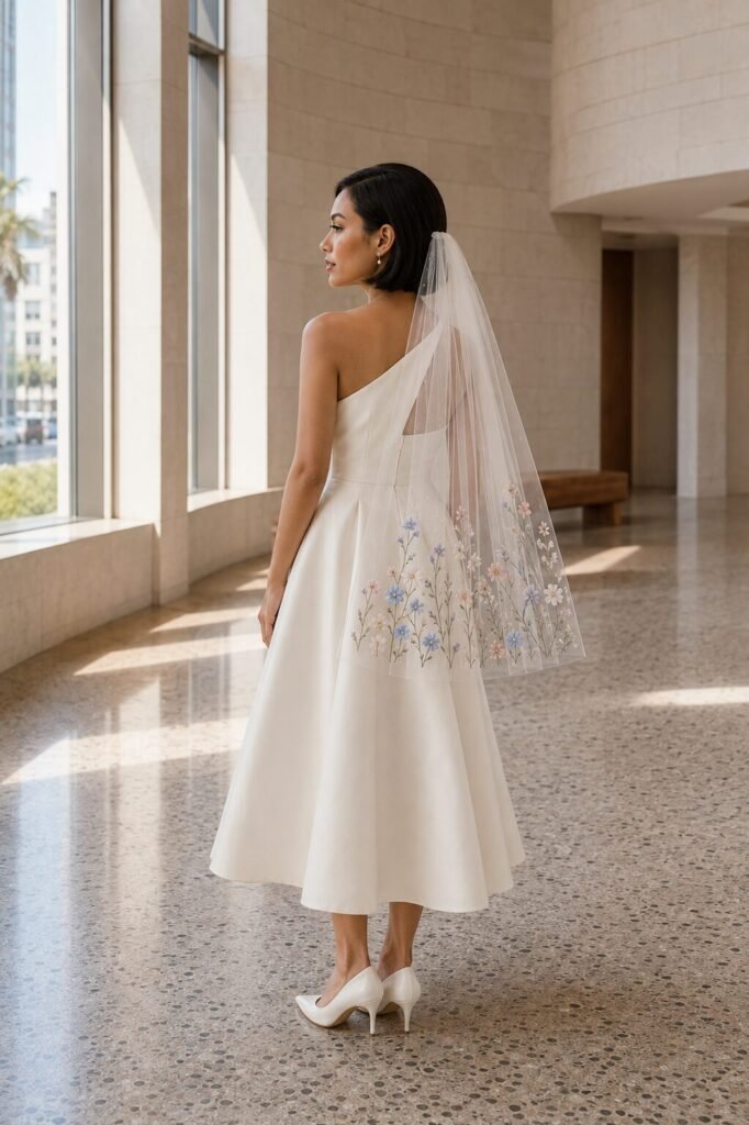 Bride wearing an embroidered fingertip wedding veil with a modern ivory wedding dress