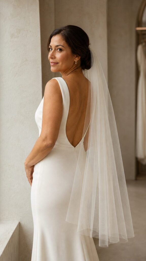 Bride wearing a wedding veil with comb securely attached above a low bridal bun