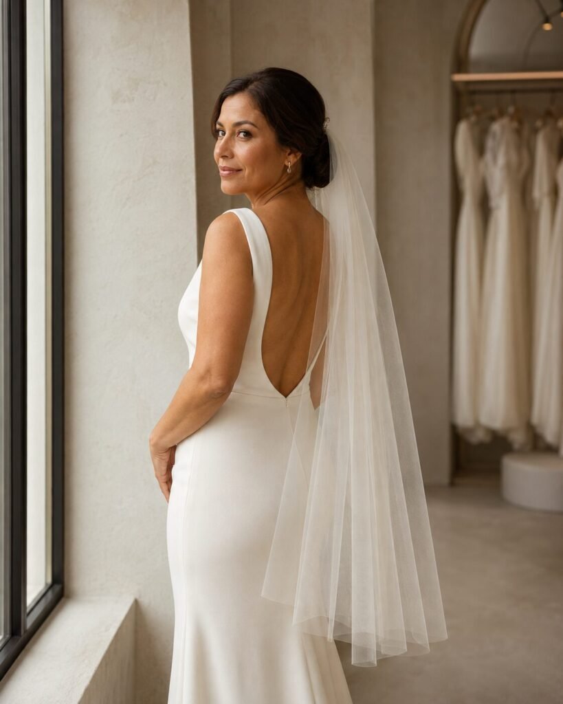 Bride wearing a wedding veil with comb securely attached above a low bridal bun