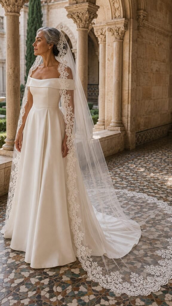 Bride wearing a cathedral mantilla wedding veil with a face-framing embroidered lace border