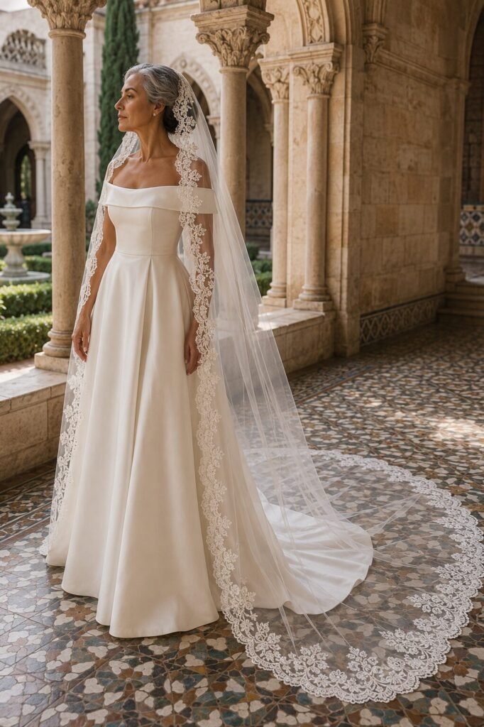 Bride wearing a cathedral mantilla wedding veil with a face-framing embroidered lace border
