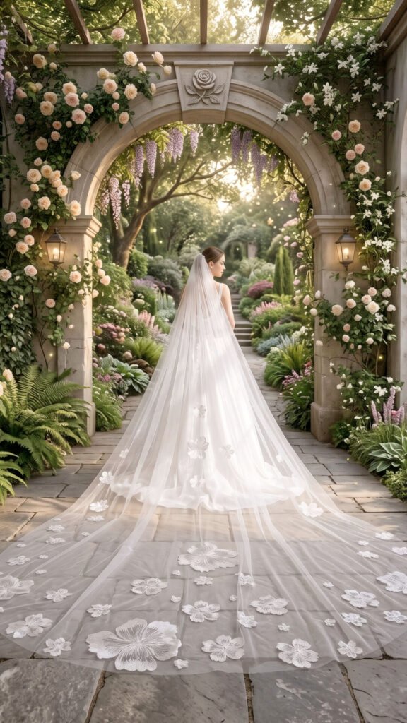 Bride wearing a light ivory royal floral veil with an extra wide embroidered flower train in a garden setting