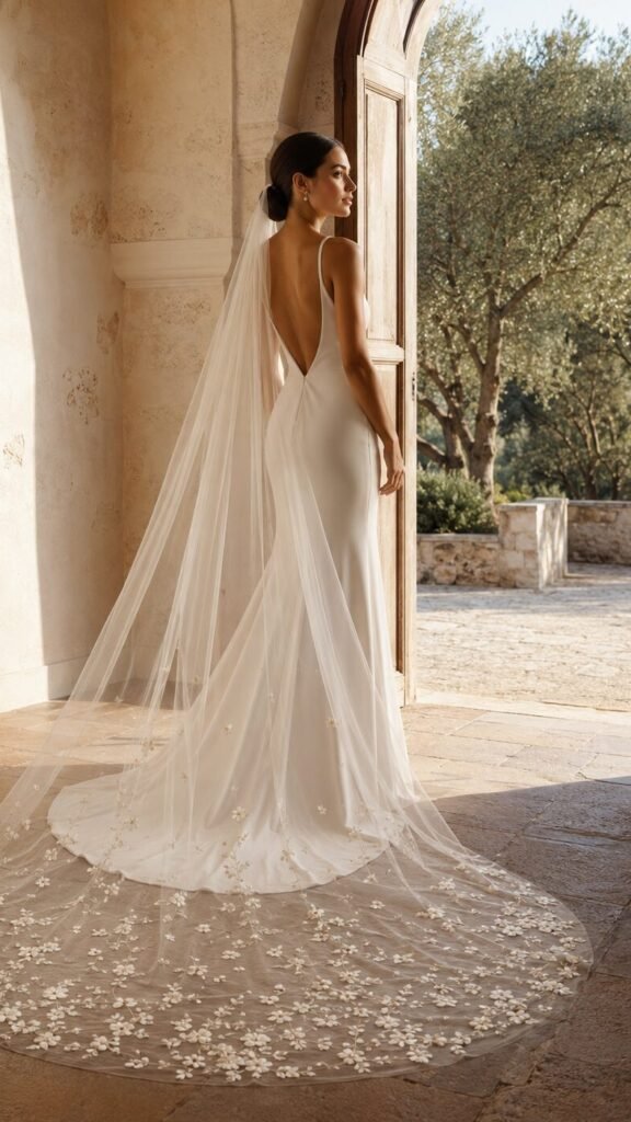 Bride wearing a sheer cathedral wedding veil with an open back ivory wedding dress