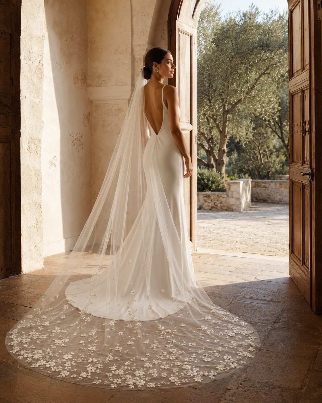 Bride wearing a sheer cathedral wedding veil with an open back ivory wedding dress