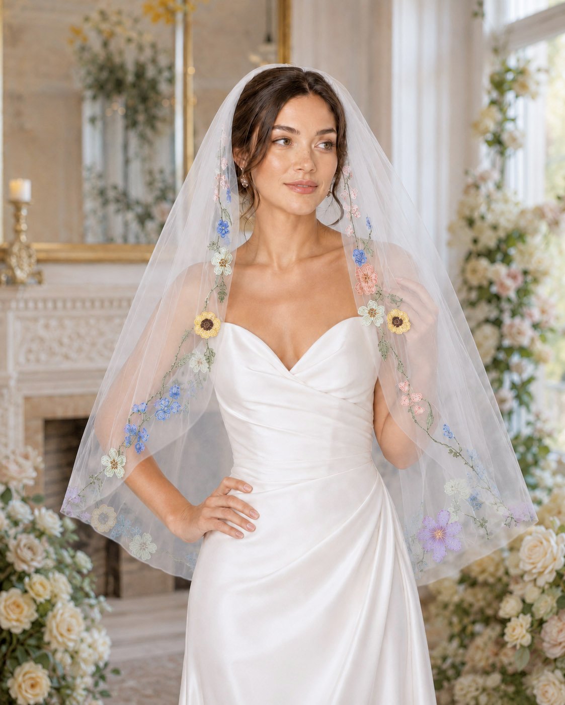 Front view of bride wearing a light ivory off white veil with colorful embroidered flower edge