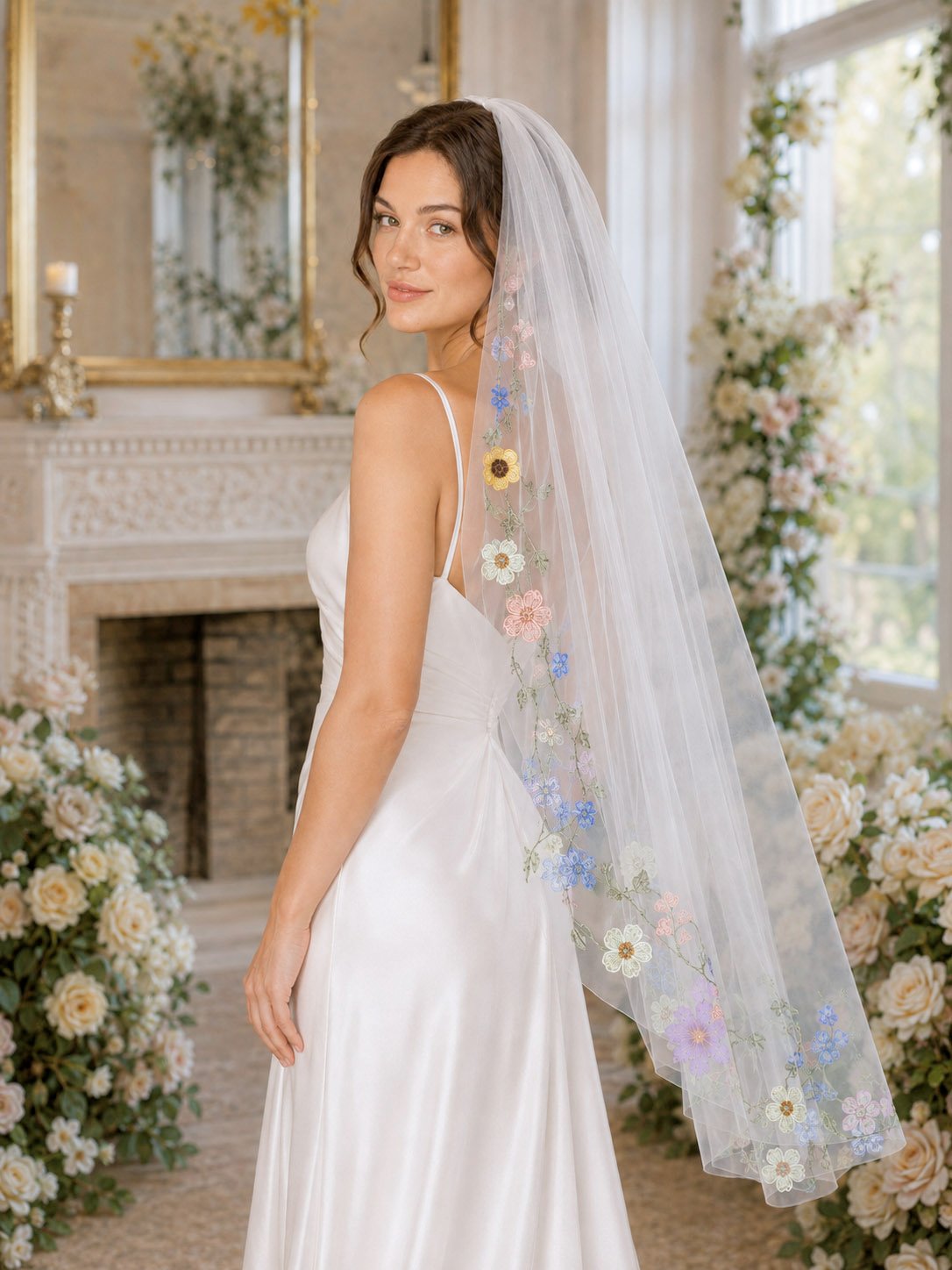 Side and back view of short colorful floral bridal veil with embroidered flower border