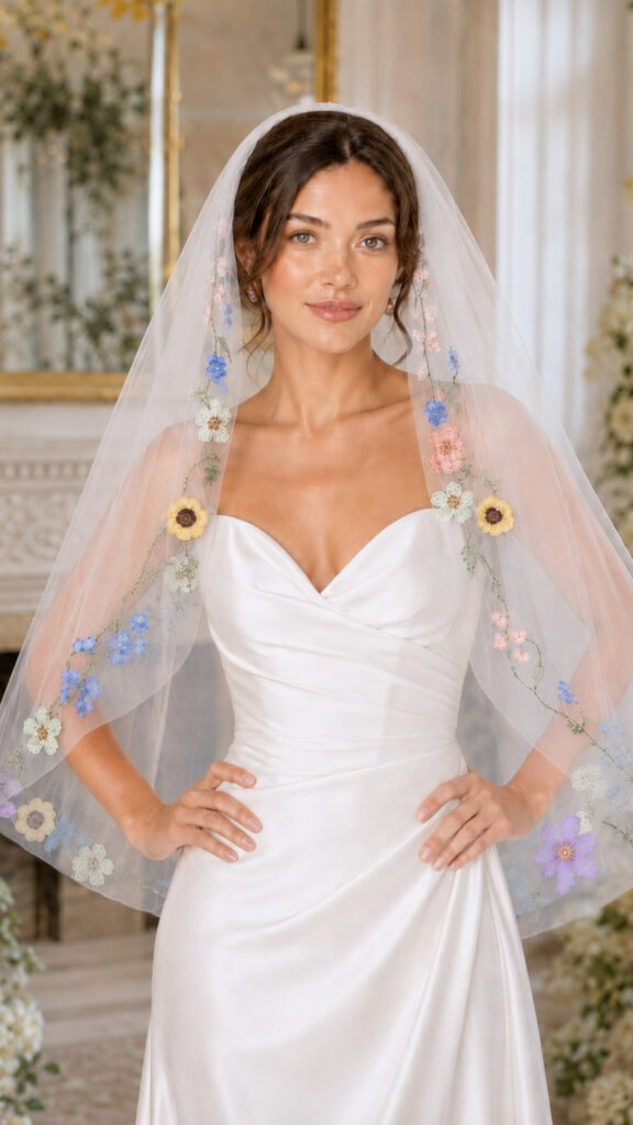 Bride wearing a 36 inch colorful floral veil over a light ivory satin wedding dress