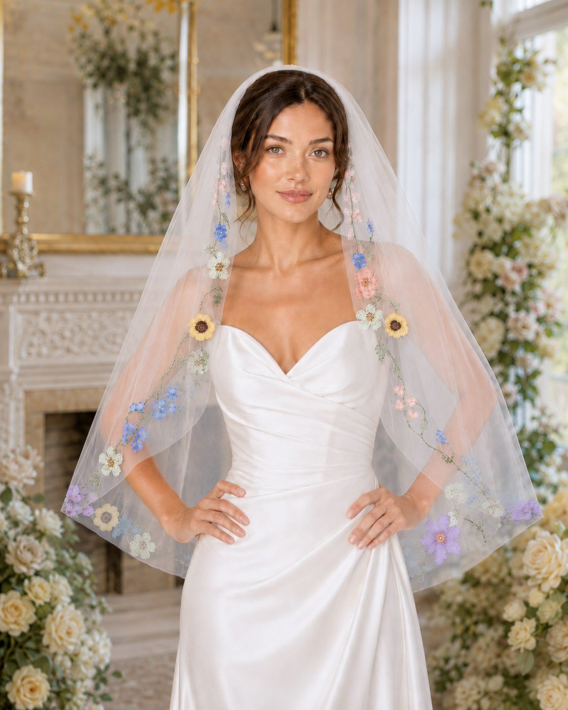 Bride wearing a 36 inch colorful floral veil over a light ivory satin wedding dress