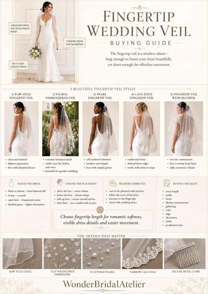 Fingertip wedding veil guide comparing floral pearl lace raw-edge and blusher veil styles