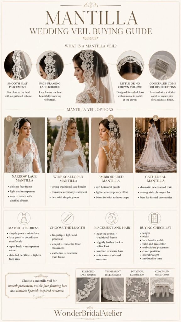 Mantilla wedding veil guide comparing lace borders lengths placement hairstyles and buying details