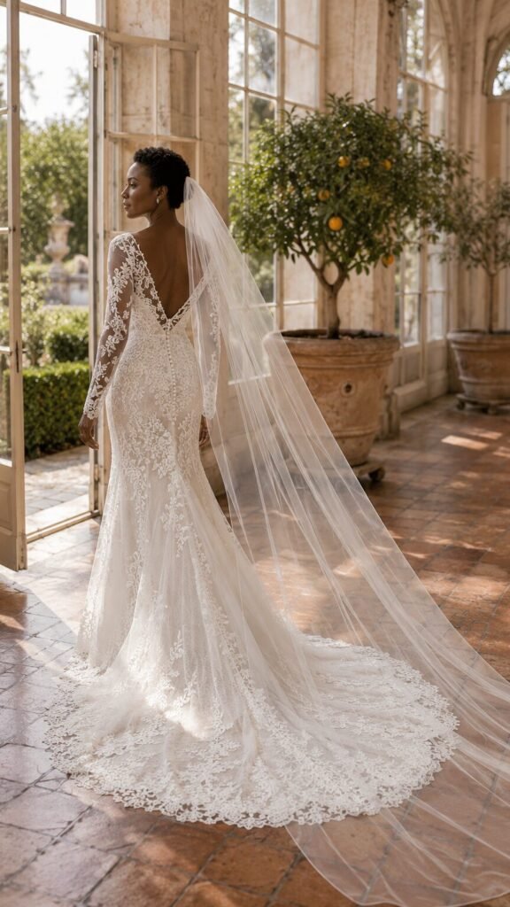 Bride wearing a simple sheer cathedral wedding veil with a detailed ivory lace wedding dress