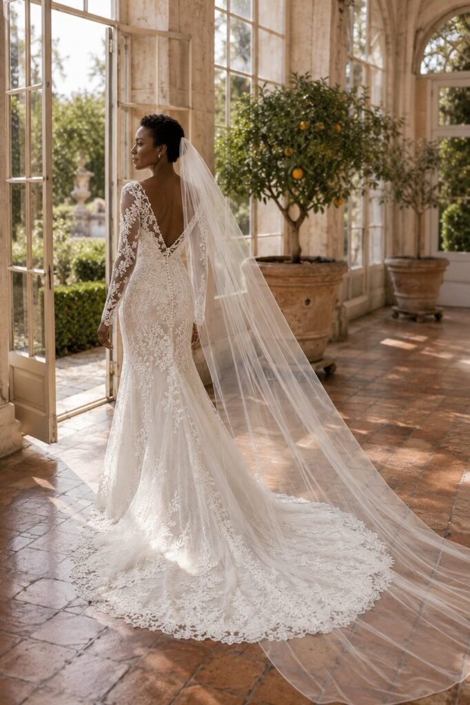 Bride wearing a simple sheer cathedral wedding veil with a detailed ivory lace wedding dress