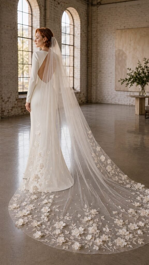 Bride wearing a floral cathedral wedding veil with a simple ivory wedding dress