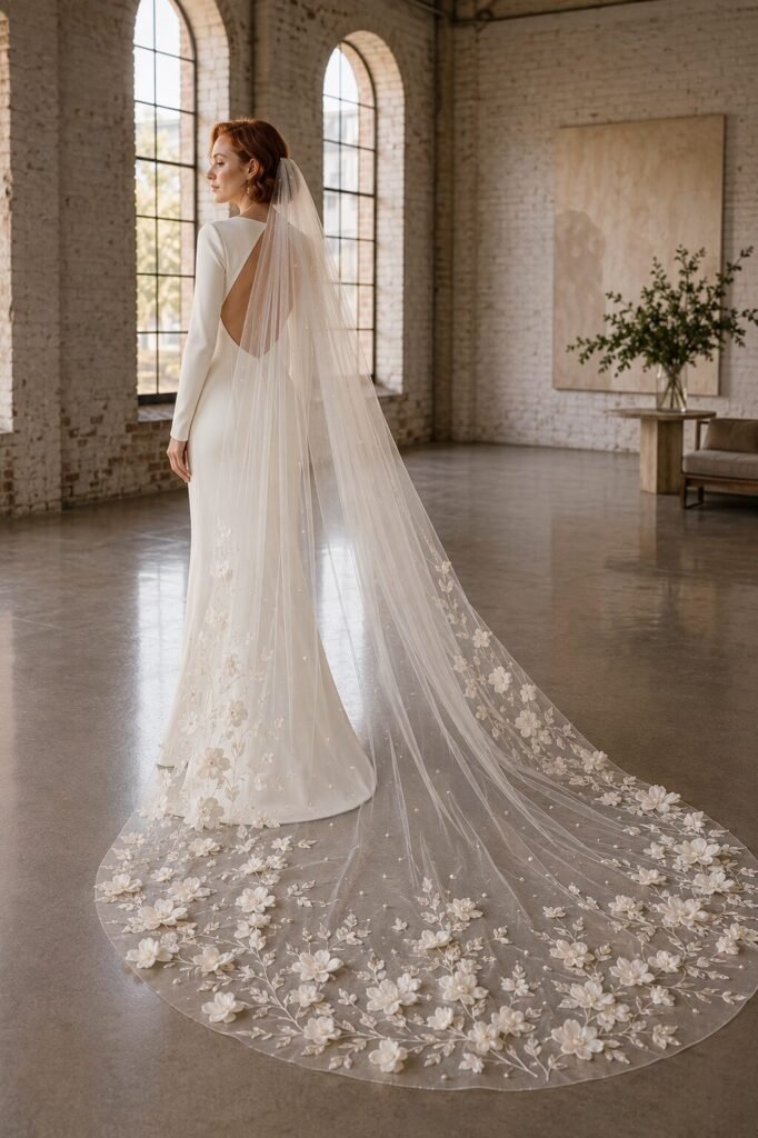 Bride wearing a floral cathedral wedding veil with a simple ivory wedding dress